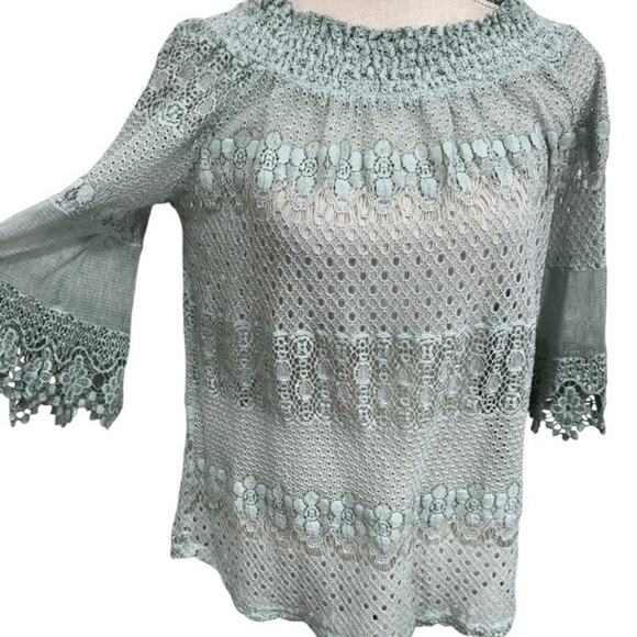 "SCANDAL" ITALY,Sage Lace Shirt, Cottage Core,Fairy,Flare Sleeves,Feminine - Picture 3 of 9